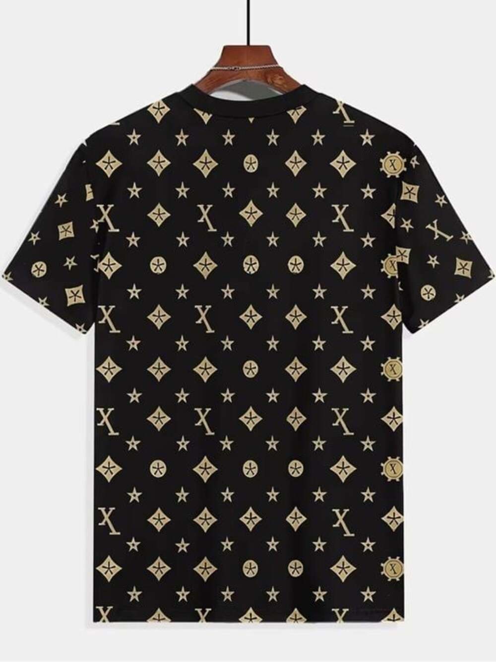 Men’s Black Designer Style Monogram Tee Gold Print Luxury Streetwear Shirt